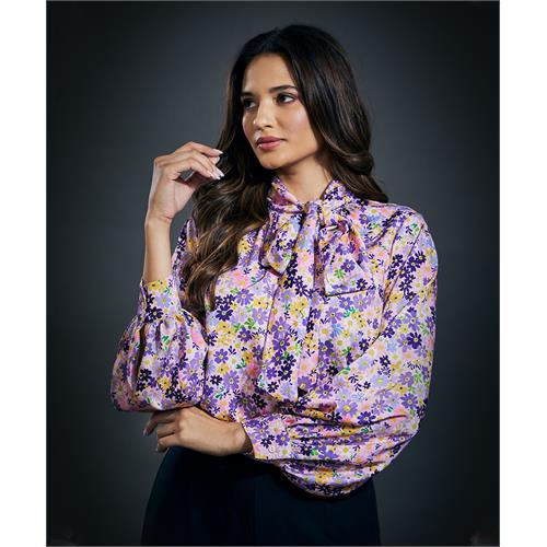 Neck Tie Long Sleeve Pink Satin Top