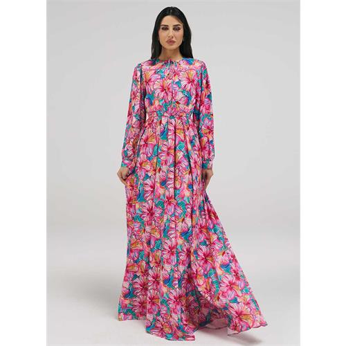 Neck Tie Prined Maxi Dress With Gathered Waist