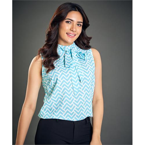 Neck Tie Sleeveless Sky Blue Top