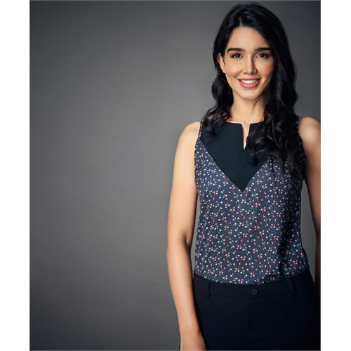 Notched Neckline Contrast Panel Black Blouse