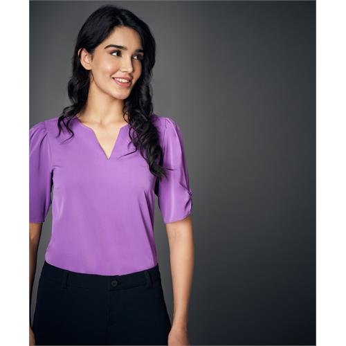 Notched Neck Solid Purple Blouse