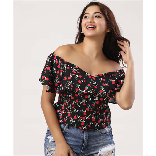 Off-Shoulder Frilled Printed Casual Top
