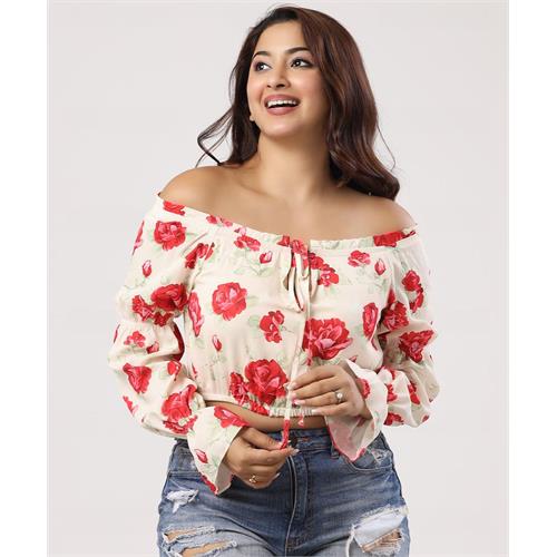 Off Shoulder Printed Long Sleeve Top