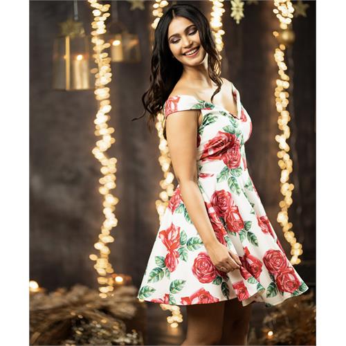 Off White Base Floral Off Shoulder Dress