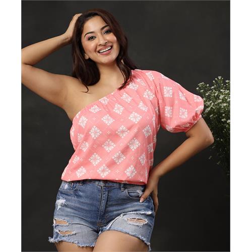 One-Shoulder Lantern Sleeve Pink Blouse