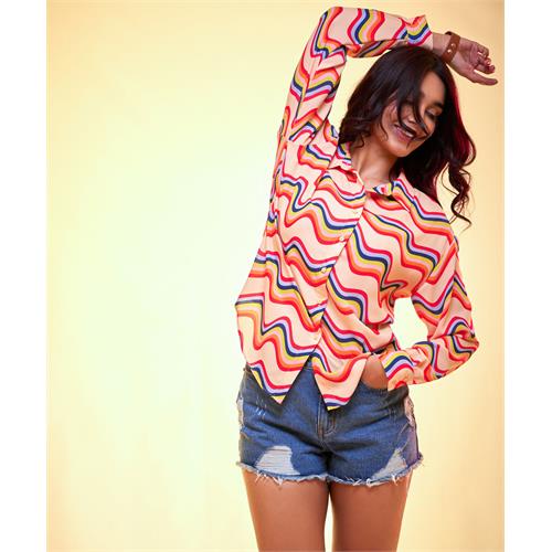 Oversized chiffon colored waves printed shirt