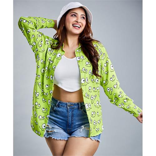 Oversized Chiffon Emotions Printed Green Shirt