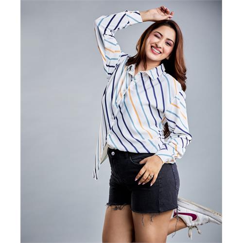 Oversized Chiffon White Stripe Printed Shirt