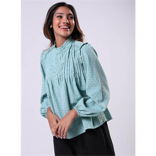 Pintuck Detailed Polka Dot Green Top