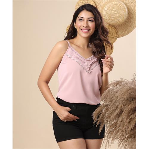 Pintuck Detailed Trim Chiffon Cami Top