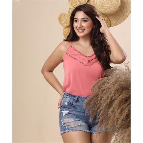 Pintuck Detailed Trim Pink Cami Top