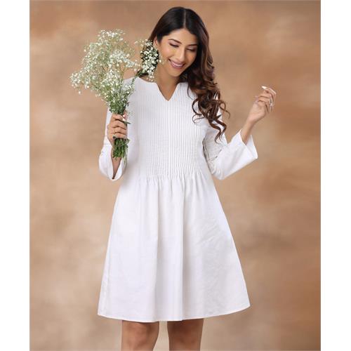 Pintuck Embroidered Linen White Dress