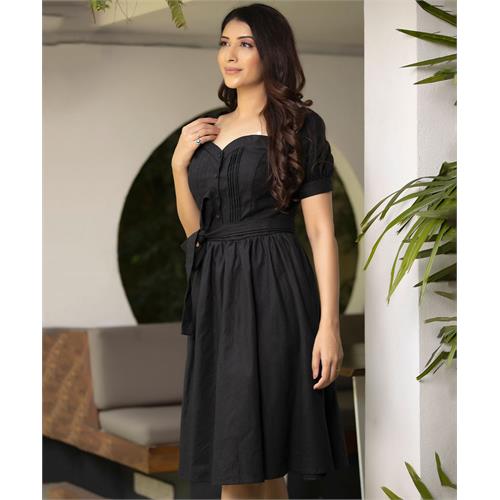 Pintuck Linen Mock Button Black Dress