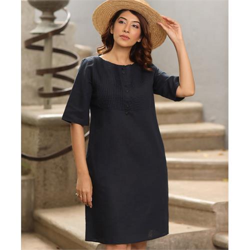 Pintuck Linen Shift Navy Dress