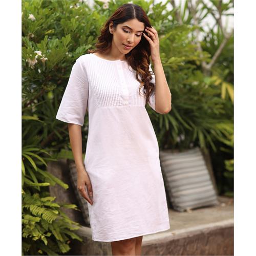 Pintuck Linen Shift White Dress