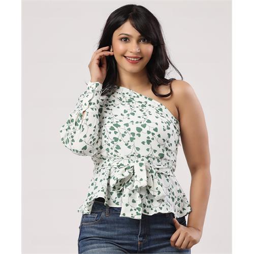 Pintuck One Shoulder Printed Chiffon Top