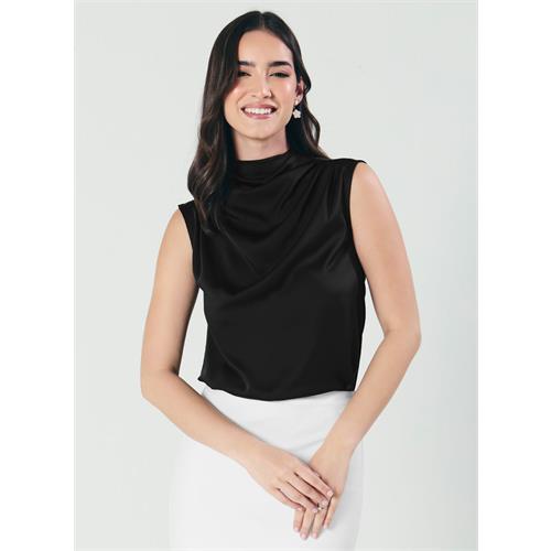 Pleated Cowl Satin Sleeveless Black Top