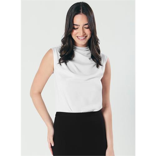 Pleated Cowl Satin Sleeveless White Top