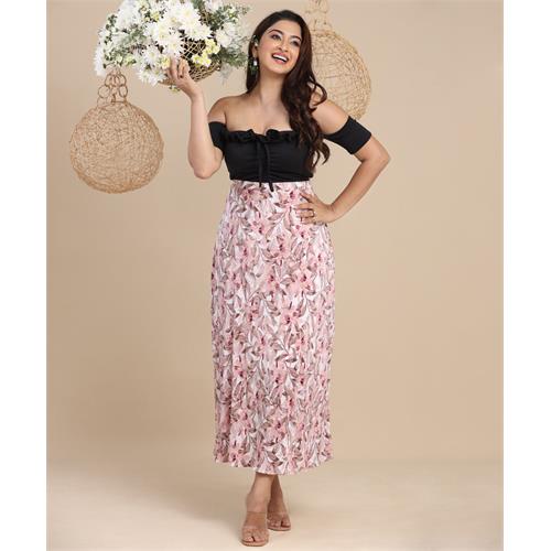 Pleated Floral Printed Pink Skirt