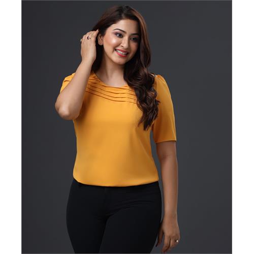 Pleated Half Sleeve Chiffon Mustard Top