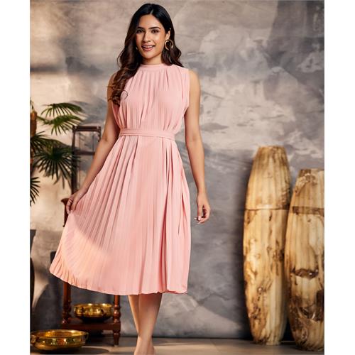 Pleated High Neck Flowy Pink Dress