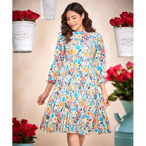 Pleated Long Sleeve Floral Dress