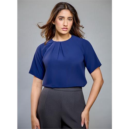 Pleated Neck Chiffon Navy Top
