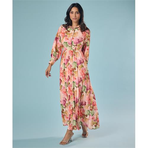 Pleated Printed Chiffon Shirt Dress