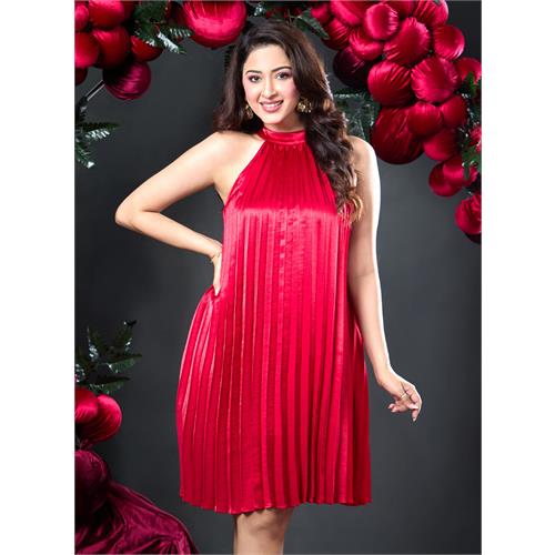 Pleated Satin Dress With Neckband