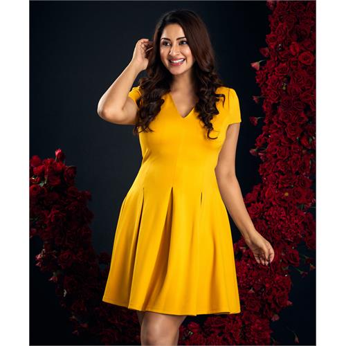 Pleated Vneck Ponte Yellow Dress