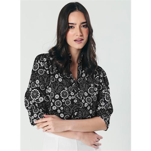 Printed Black White Three Quarter Top