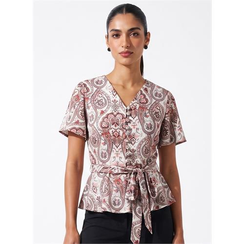 Printed Flared Sleeve Peplum Button Top