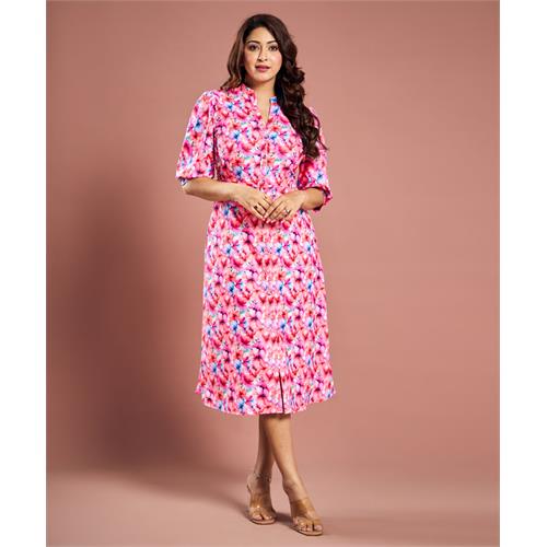 Printed Half Sleeve Aline Pink Dress