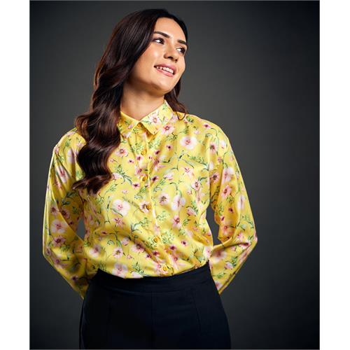 Printed Long Sleeve Yellow Satin Shirt