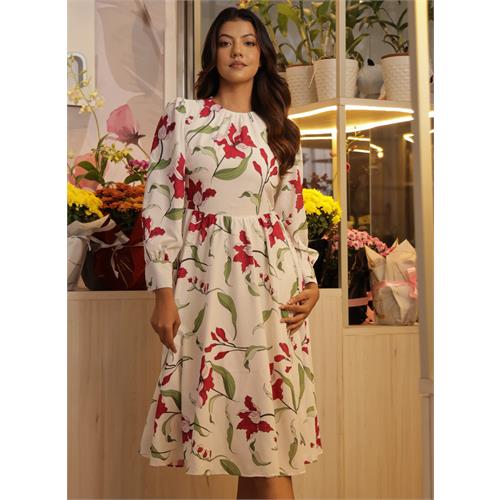 Printed Neck Gathered Long Sleeve Dress