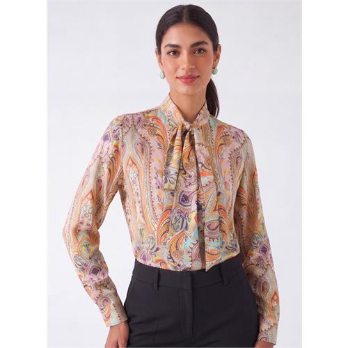 Printed Neck Tie Long Sleeve Top