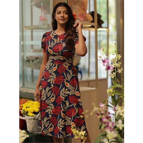 Printed Red Floral Short Sleeve Midi Dress