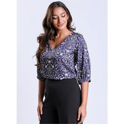 Printed Satin V Neck Blue Top