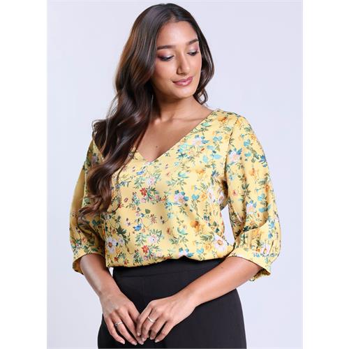Printed Satin V Neck Top