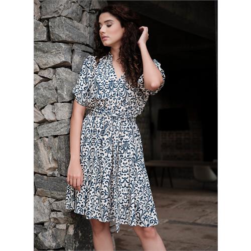 Printed Short Sleeve Beige Cotton Dress