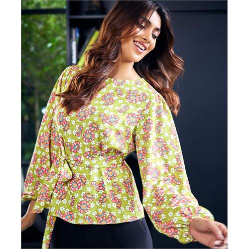 Printed Waist Tie Chiffon Top