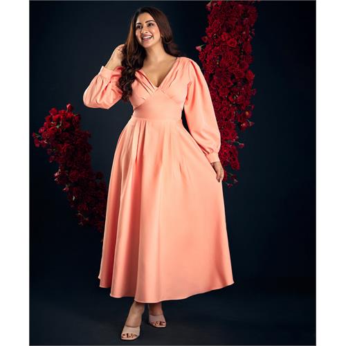 Puffed Large Sleeve Orange Midi Dress