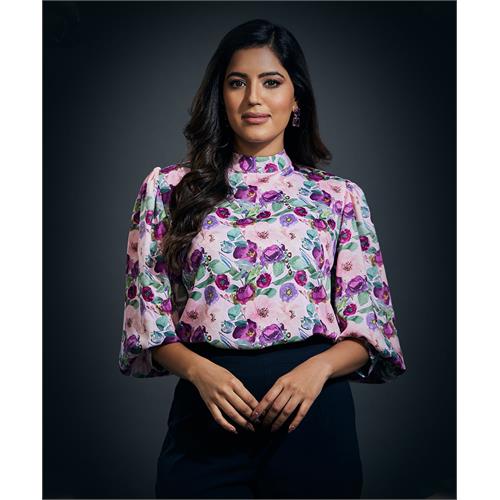 Puffed Long Sleeve Satin Top