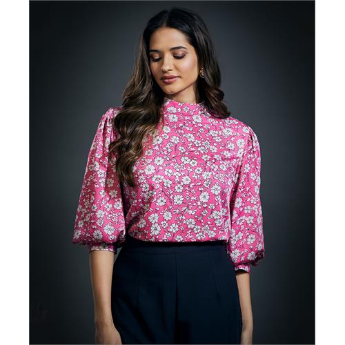 Puffed Long Sleeve Satin Top-Pink