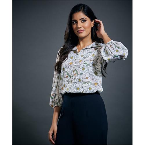 Puffed sleeve Button White Printed Blouse