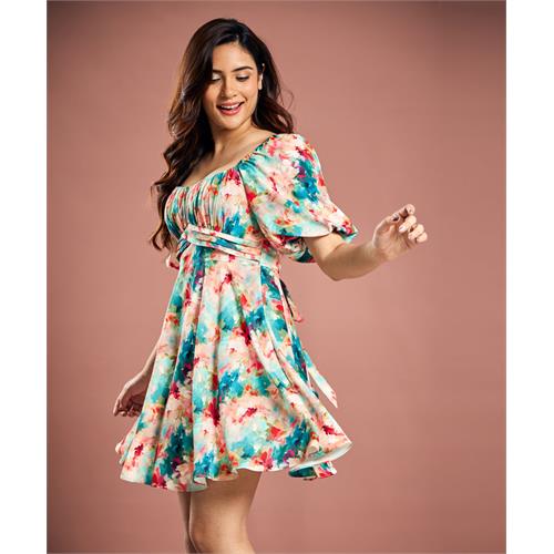 Puffed Sleeve Chiffon Detailed Short Dress