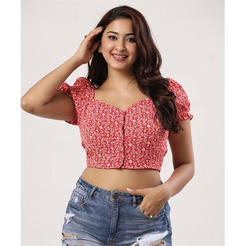 Puffed Sleeve Front Buttoned Crop Top