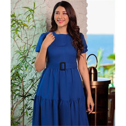 Puffed Sleeve Linen Blue Dress