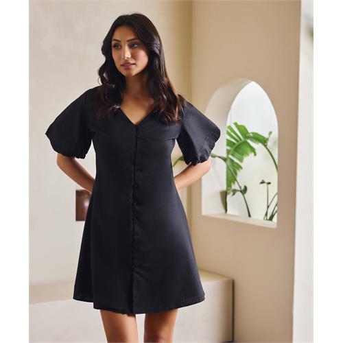 Puffed Sleeve Linen Dress With Front Buttons