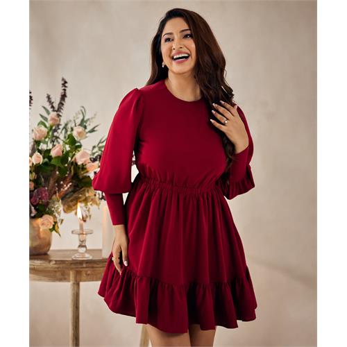 Puffed Sleeve Maroon Mini Dress